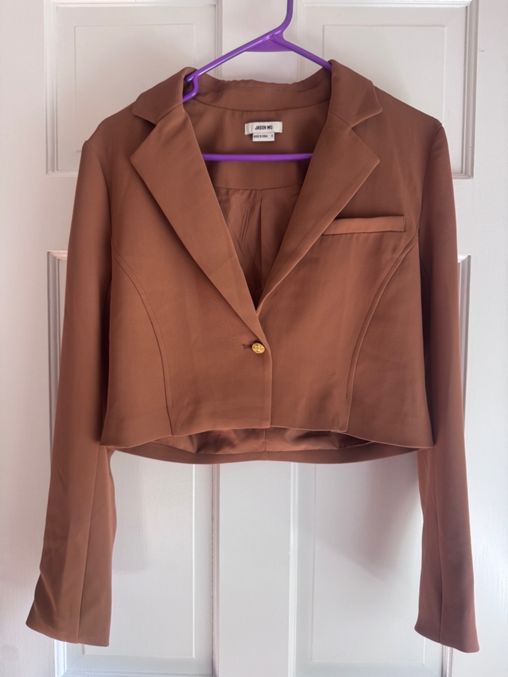 Jason Wu Cropped Blazer Jacket Brown Tailored Gold Button Size Small